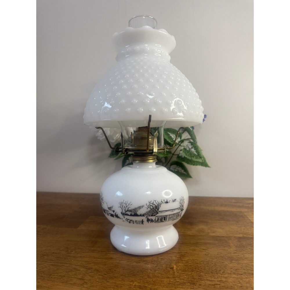 Vintage Milk Glass Oil Lamp Currier Ives Farm‎ Scene Hobnail Hurricane Cottage